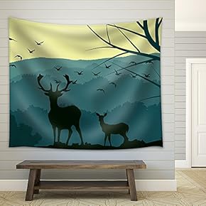 Horizontal Abstract Banners of Wild Animals (Deer, Wolf) in Hills of Forest with Trunks of Trees in Green Tone. - Fabric Wall Tapestry Home Decor - 51x60 inches