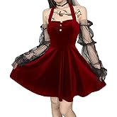 TSMNZMU Womens Gothic Velvet Mini Dresses - Off The Shoulder Patchwork Lace Long Sleeve Dress - Emo & Alt Style