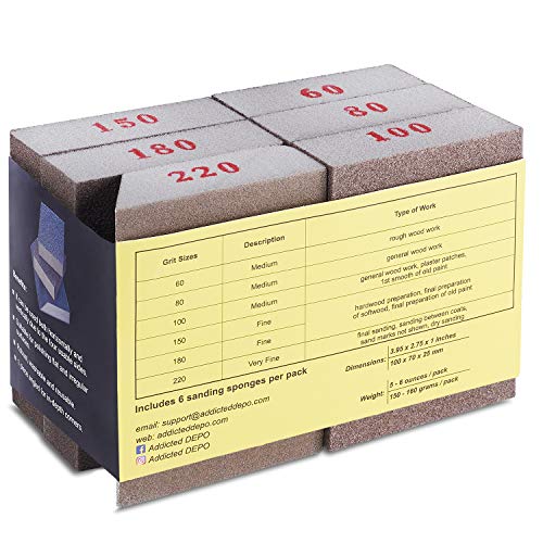 Sanding Sponges 6 Pack by Addicted DEPO - Sanding Block Assortment for Wall - Foam Drywall Sand Blocks - Reusable Sandpaper Sponge Pads for Wood - Fine, Medium & Coarse Grit (60/80/100/150/180/220) - Thumbnail 6