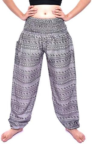 Bohotusk Womens Bohemian Harem Pants Elephant Print โ One Size โ Boho Summer Hippy Palazzo Trouser for Girls โ Perfect for Yoga, Maternity, Lounge, Beach - Donations Made to Elephant Sanctuary