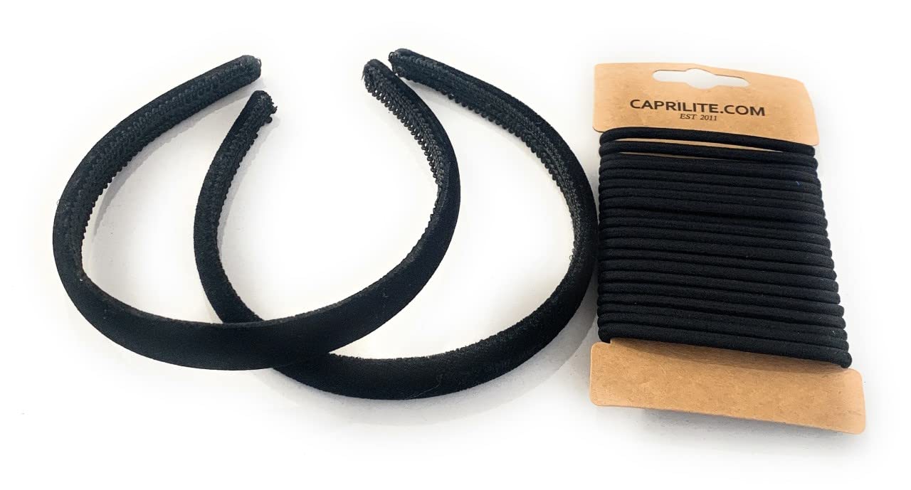 2 Velvet Girls School Headband Alice Band + 20 Elastics Hair Ties Bobbles Ponies Set UK (Black)