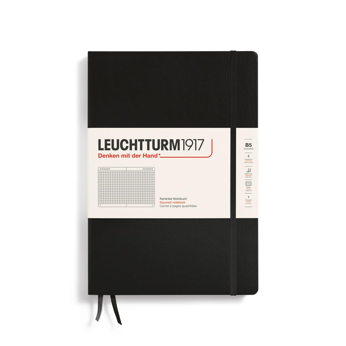 LEUCHTTURM1917 366186 Notebook Composition (B5), Hardcover, 219 Numbered Pages, Black, Squared