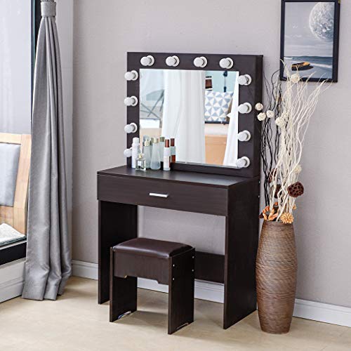 image for youeneom Vanity Set with Lighted Mirror, Wood Makeup Dressing Table wi