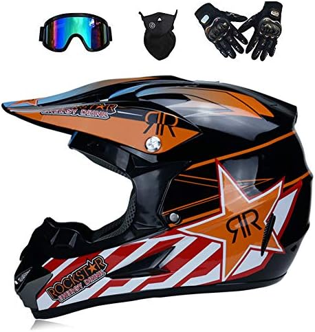 GWJNB Racing Adult Motocross Motorcycle Helmet & Adult MX Motocross AM Mountain Bike Full Face Helmet (Gloves,Goggles, Mask,4-Piece Set) L