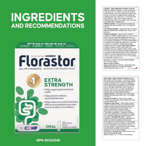 Florastor Extra Strength - Saccharomyces Boulardii CNCM I-745 - Daily All in One Probiotic - Supports Gut Health & Immune System - Antibiotic-associated diarrhea - For Adults - 30 sticks