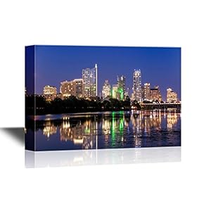 USA City Skyline Canvas Wall Art - Beautiful Austin Skyline Reflection at Twilight, Texas - Gallery Wrap Modern Home Art | Ready to Hang - 12x18 inches
