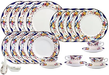 TransSino Treasures Bone China 24 Piece Dinnerware Set Floral Design and Blue Border, Service for 4