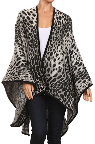 ReneeC. Women's Print Open Front Winter Fashion Cardigan Sweater Poncho (One Size, Snow Leopard Wrap)