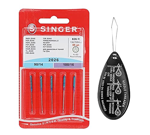 Singer Jeans/Denim 2026 Sewing Machine Needles, Packet of 5, Size: Assorted Mixed Sizes 90/14 & 100/16, Includes Large Needle Threader