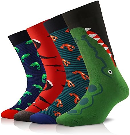 Men Socks Cool Crazy Animal Pattern Funny Combed Crew Novelty Dress Socks 4 Pack
