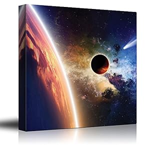 Planet Earth on a Rainbow Galaxy with a Shooting Star - Canvas Art Home Art - 12x12 inches