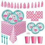 FLAMINGO Theme Party Supplies Pack - Bright Color Plates, Cups, Napkins and Decorations for Pool Party or Luau (Deluxe - Serves 16)