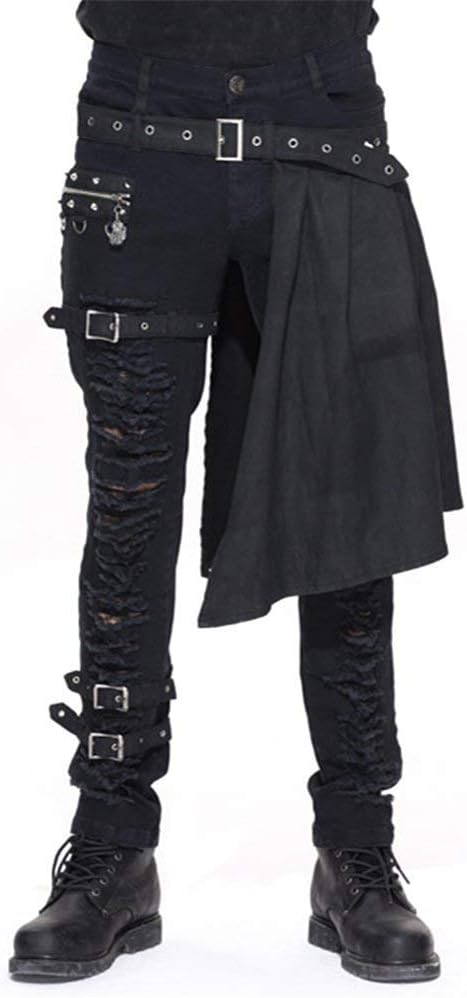 Men steampunk long Trouers with Kilt Holes Gothic Detachable Slim Casual pencil Pants