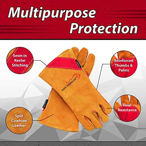 SAFE HANDLER Prime Welding Gloves with Kevlar Thread Protection | Reinforced Thumb and Palm, Heat Resistant for oven, MIG welding, TIG welder, Grill, Fireplace, BBQ, Animal Handling, 16 inch, 1 Pair - Thumbnail 4