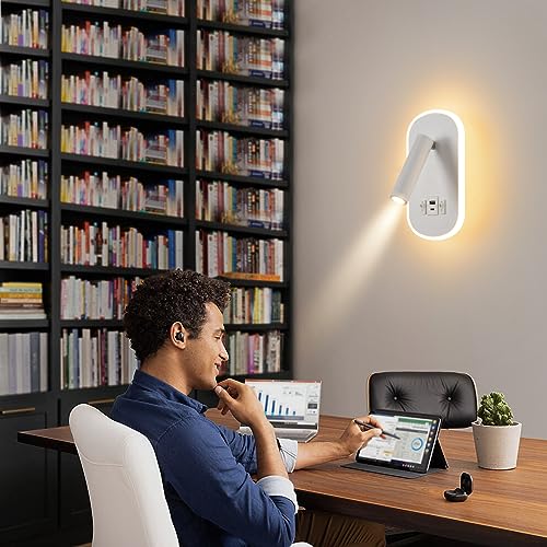 LED Reading Lamp with Switch, USB Charging Port + Type C Reading Light, 3W 3000K+9W 6000K Rotatable Wall Light for Reading, Indoor Inblack Wall Lighting, Night Lamp Bedroom Hotel