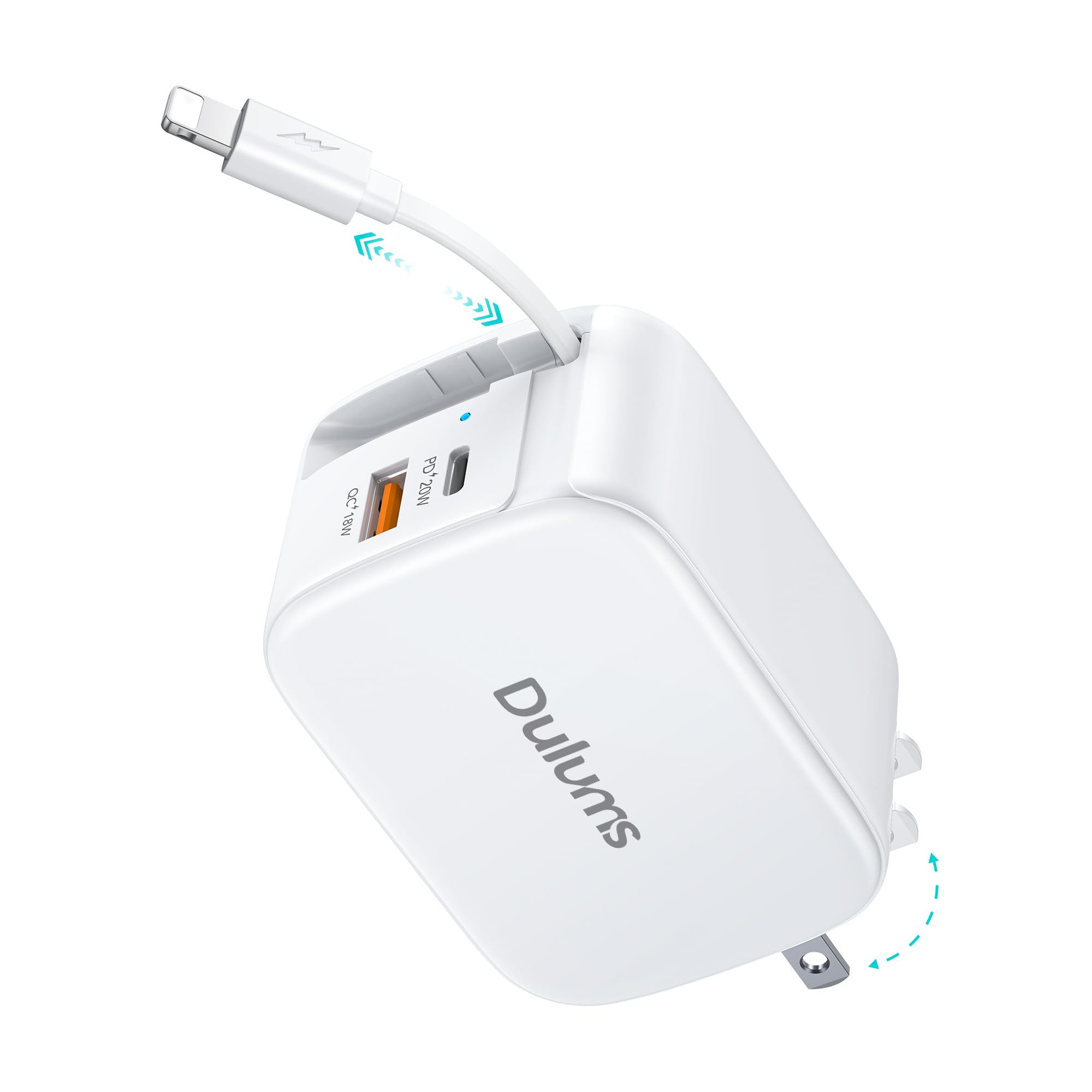 Retractable Wall Charger,40W Fast USB Charging Block,QC3.0+PD Fast Charger Adapter for iPhone 17/16/15/14/13,Galaxy S24/23,Pixel,Portable Wall Plug for Home Office Travel with 2.6 FT Lightening Cable