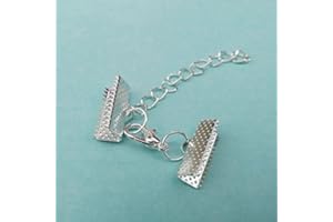 ZHITENG 10 Set Ribbon Clamp Crimp Ends Beads Flat Cover with Lobster Claw Swivel Clasps Extension Chain Jump Rings Cords End Caps String Leather Clip Foldover Necklace Bracelet Connectors (Silver Crimp 25mm)