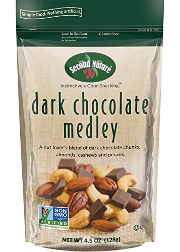 Second Nature Dark Chocolate Medley Trail Mix 4.5 oz Package - A Nut Lover's Blend of Dark Chocolate Chunks, Almonds, Cashews and Pecans - Non GMO Project Verified (12 Pack)