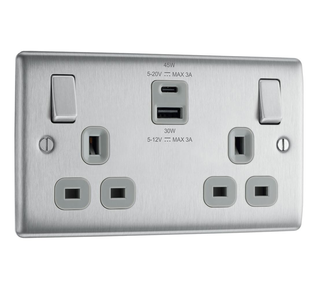 BG Electrical 45W Double Switched Wall Plug Socket with Super Fast Charge Type A & C USB Ports, Nexus Metal, Brushed Steel, Grey Inserts, 13A, NBS22UAC45G