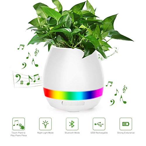 Effun Music Flower Pot, Play Piano On A Real Plant, Smart Colorful LED Night Light Round Plant Pots, Bluetooth Wireless Speaker For Indoor Outdoor Office Home Decor (Without Plants) White