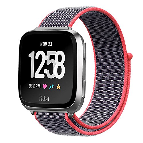 amBand Fitbit Versa Bands Soft Nylon Sport Strap Replacement with Velcro Connector Wristband for Fitbit Versa Fitness Smart Watch - Electric Pink