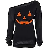 LuFeng Women's Christmas Halloween Off Shoulder Skeleton Printing Funny T-Shirt Long Sleeve Sweatshirts Pullover Tops
