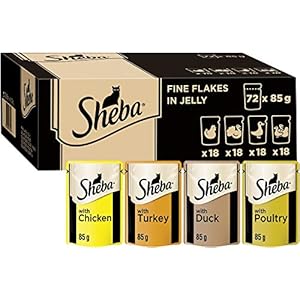 Sheba Fine Flakes in Jelly – Poultry Collection – Wet cat food pouches for adult cats – megapack (72 x 85 g)