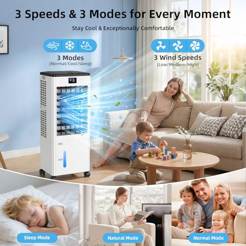 Portable Air Conditioners, 8L Evaporative Air Cooler with Remote and LED Display, 60W Energy-Efficient, 3 Speeds & 4 Modes, 12H Timer, 120°Oscillation, Portable AC Units for Rooms Bedroom Home Office