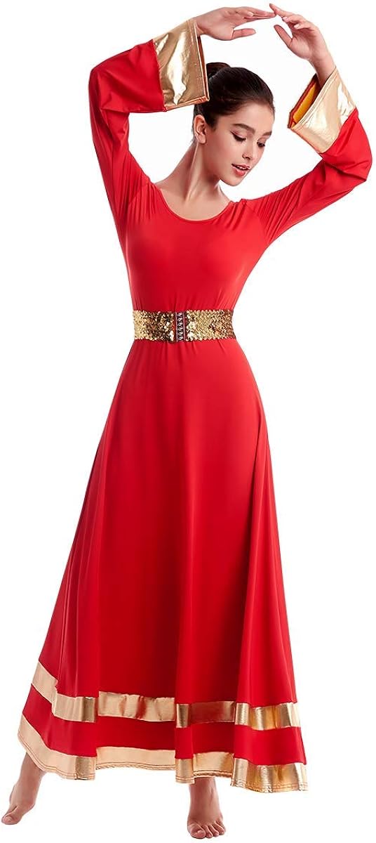 Women Metallic Praise Dance Dress Bell Long Sleeve Full Length Liturgical Tunic Skirt+Sequins Waistband Worship Costume: Clothing