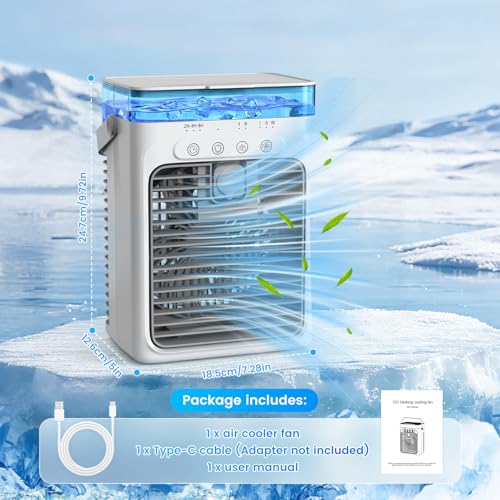 Mini Air Conditioner, 4-in-1 Portable Air Conditioner with 1000ML Water Tank Small AC Unit Air Cooler USB Powered Evaporative Cooler Cooling Fan with 2/4/8H Timer & Light for Office Bedroom Room