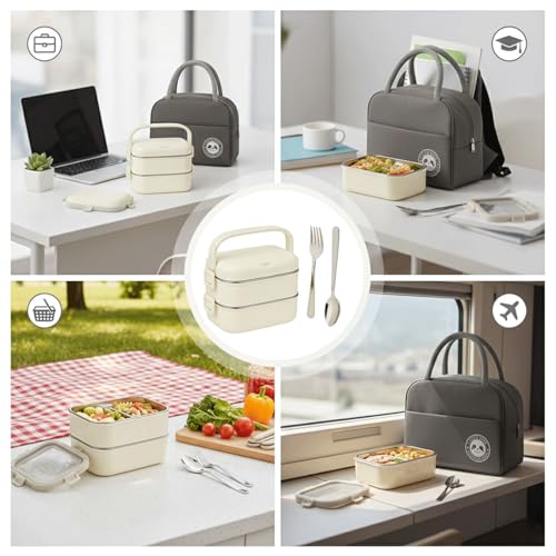 BitBloom Stainless Steel Lunch Box - 1400ml 2 -Layer Bento Box with Insulated Bag, Spoon & Fork, Leakproof, BPA-Free, Dishwasher Safe - Ideal for Kids & Adults, Office, School, Travel (Cream White)