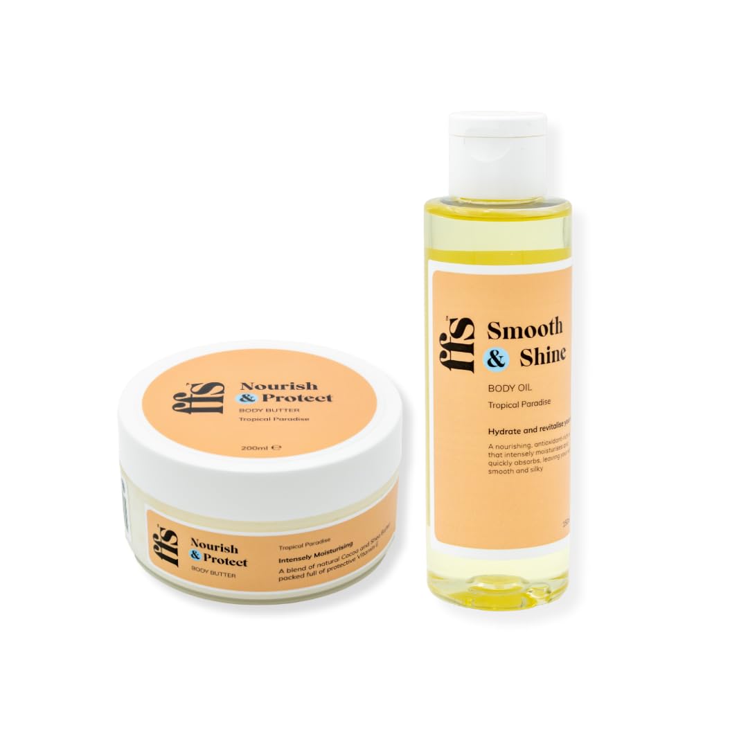 FFS Beauty Tropical Paradise Body Butter & Oil Bundle – Hydrating Cocoa & Shea Butter and Jojoba & Avocado Oil Duo for Luxurious Skin Nourishment and Tropical Scent – Self-Care Gift