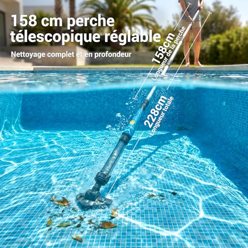 2 in 1 Rechargeable Cordless Pool Cleaner, 45 Min Battery Life, Powerful Vacuum Cleaner for Above Ground Pool, Spa, Hot Tub - Telescopic Pole 160cm, Ideal for Sand, Leaves and Debris