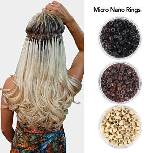 200Pcs Beads Silicone Aluminium Micro Nano Rings 3mm Lined For I Tip/Nano Hair Extensions Tool Beads (1 Bottle, Blonde Color)