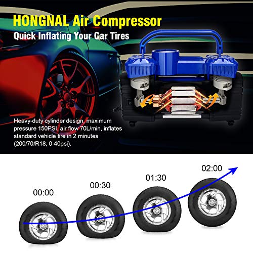 HONGNAL Portable Air Compressor Tire Inflator, 150PSI Car Air Pump Compressor with 4 Nozzle Attachments,LED Light,Air Hose,Battery Clamp,DC 12V for Pumping Car Tires, Bicycles, Trucks & Inflatables