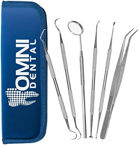 Omni Dental 6-Piece Dentist Tool Kit Bundle of Stainless Steel Tarter Remover, Anti-Fog Mirror, Tweezers, Dental Pick/Scaler, Burnisher and Carry Case