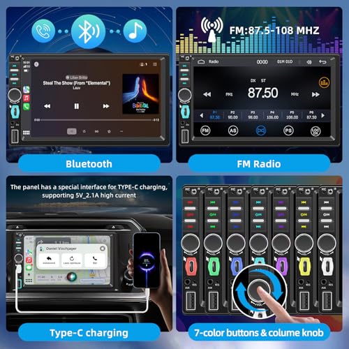 1 DIN Car Radio with Wireless Screen CarPlay and Android Car, 7 Inch Bluetooth Car Stereo Touchscreen, GPS Navigation, Mirror Link, FM, Rear Camera, Voice Controls, Type-C