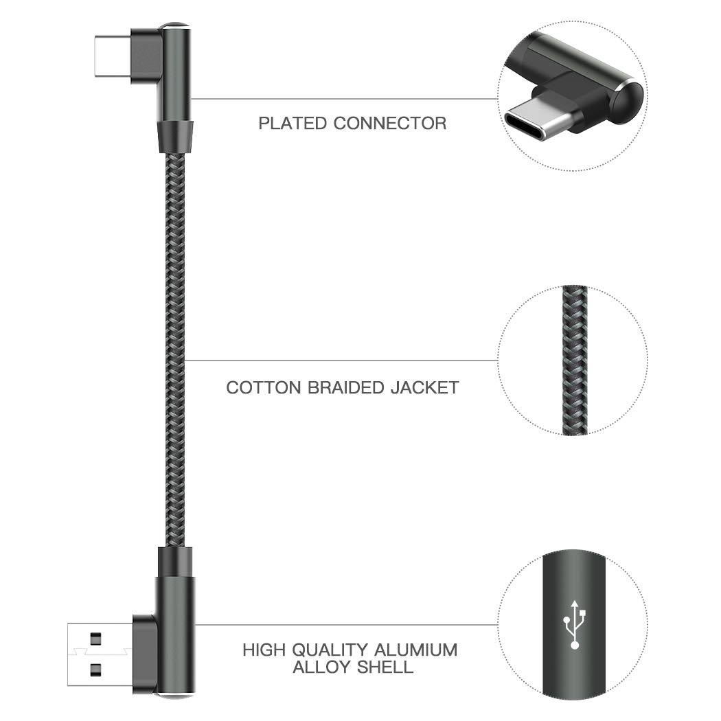 Short USB C Cable, AOJI 4pack [0.5ft/1ft] 90 Degree Right Angle USB A to Type C Fast Charger Braided Cord Compatible for Samsung Galaxy S10 S9 Plus S8 Note 9 8 LG G8/7 V40 V20 V30 G6 G5 2018 iPad Pro
