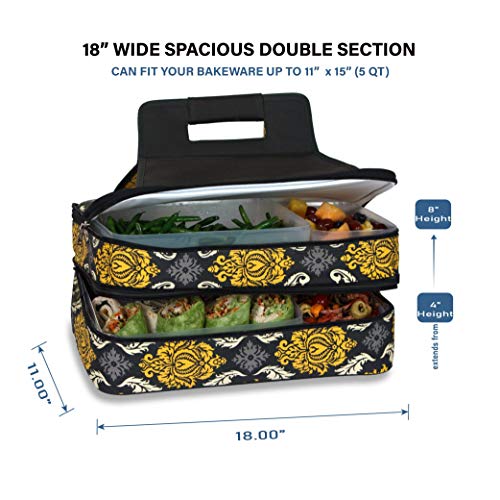 Picnic Plus 18" Casserole Carrier 2 Level Thermal Insulated Hot and Cold Food Carrier Double Layer Food Carrier Bag Potluck Carrier With Bonus Containers (Provence Flair)