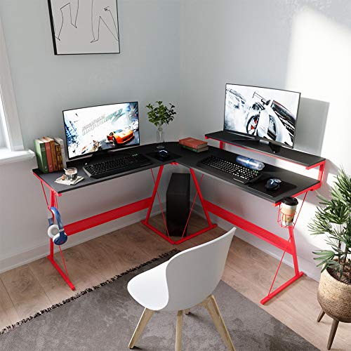 Bestier LShaped Led Gaming Computer Desk, RGB Strip Light Modern