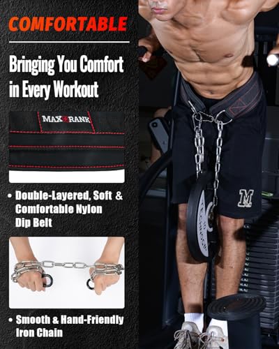 MAXRANK Dip belt With 37-40" Chain, 550lbs - 650lbs Weight Capacity, Weightlifting Belt for Dips and Pullups