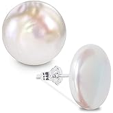 Freshwater Coin Pearl Earrings for Women, Button Shape Pearl Stud Earrings, 13-14mm