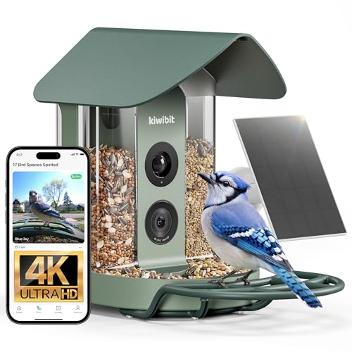 Kiwibit Smart Bird Feeder with Camera Solar Powered, 4K Video Live stream, Wireless Outdoors Bird Camera, AI Identification Bird Species, Real-Time Bird Alert, Birdwatching Gift for Bird Lovers, Green