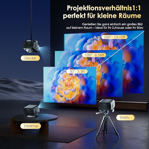 Mini Projector 4K Smart Projector Official App with Full HD 1080P, 1000 Lumens, Auto Focus and Keystone Correction, 360° Rotation, WiFi and Bluetooth, for Mobile Phone HDMI, TV Stick, Portable/Home