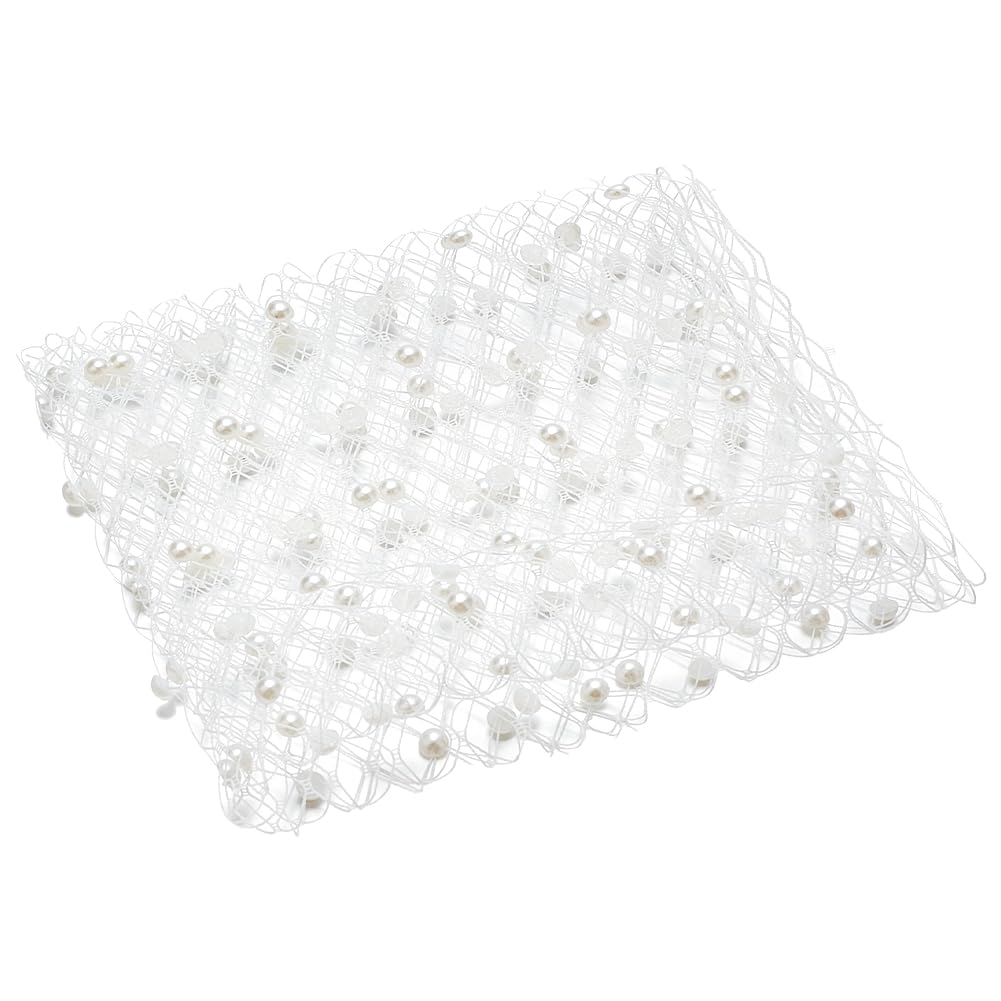 BENECREAT 0.52m White Birdcage Veil Netting Fabric, 26cm Wide Millinery Netting Tulle Fabric Mesh Hat Veil with Pearl Bead for Wedding Decor, DIY Bridal Veil Dress