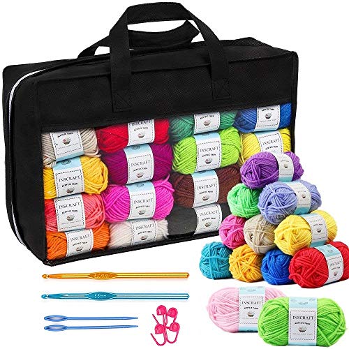 40 Acrylic Yarn Skeins, 1600 Yards Craft Yarn with Reusable Canvas Bag Includes 6 E-books, 2 Crochet Hooks, 2 Weaving Needles, 4 Locking Stitch Markers for Crochet & Knitting By Inscraft