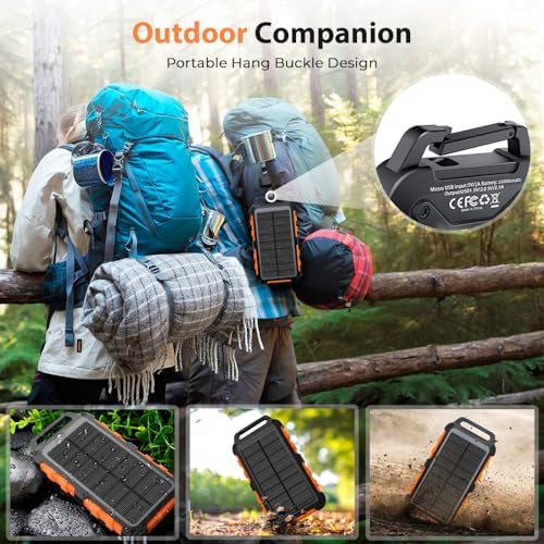 Solar Powerbank 26800mAh, PD22.5W Tragbare Solar Ladegerät USB C Externer Akku Outdoor Wasserdichtes mit LED-Licht und 3 Ausgängen für Smartphones Tablets Camping