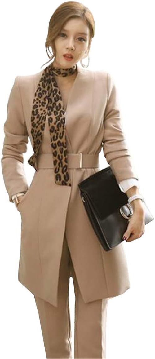 Women's 2 Piece Business Mid Long Blazer and Pants Suit Set with Belt Single Button Work Office Blazer Jacket