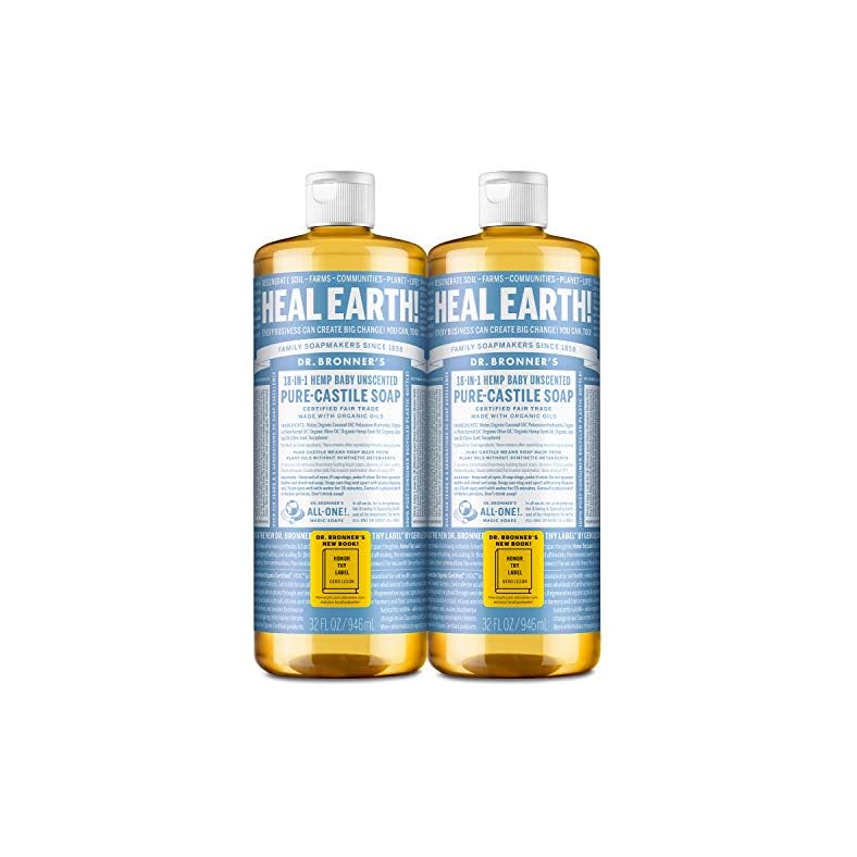 Dr. Bronner’s – Pure-Castile Liquid Soap (Baby Unscented, 32 ounce, 2-Pack) – Made with Organic Oils, 18-in-1 Uses: Face…