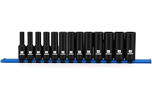 MIXPOWER 3/8" Drive Deep Magnetic Impact Socket Set with Storage Rails, 13-Piece, 6 Point, 7-19mm, Metric, CR-MO